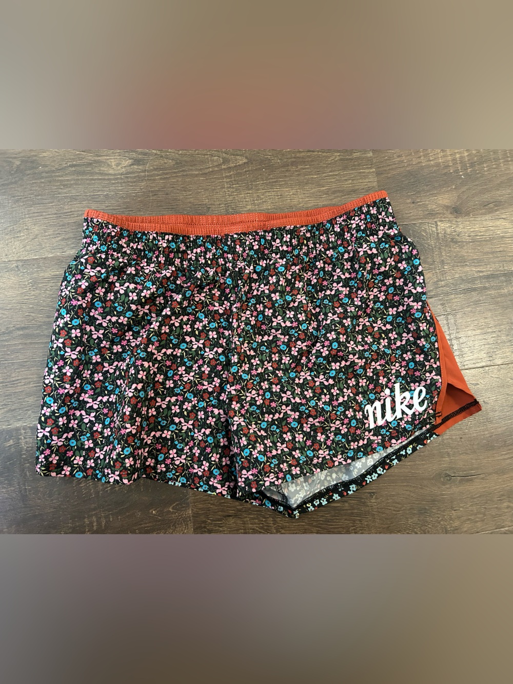 Nike Floral Print Woman Athletic Shorts - Black with Pink & Blue Flowers Size M